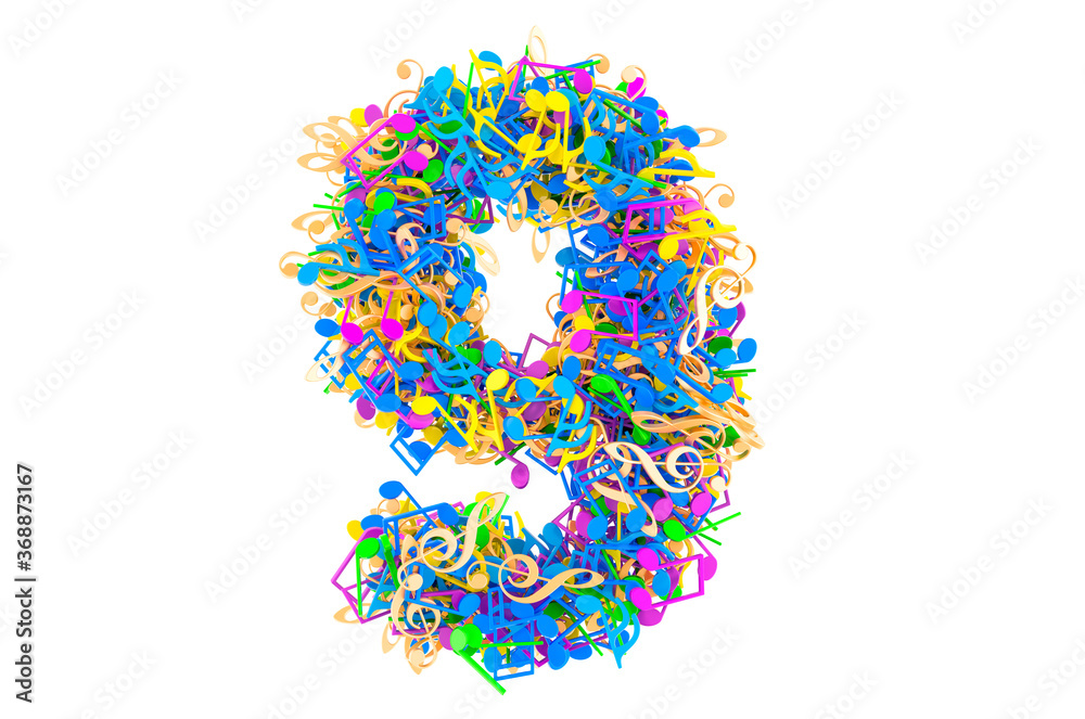 Fototapete number 9 from colored musical notes. 3d rendering