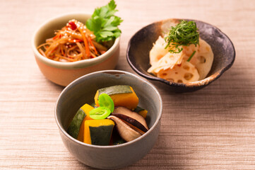 Japanese homemade appetizer assortment: kabocha squash pumpkin, renkon lotus root, kinpira gobo burdock