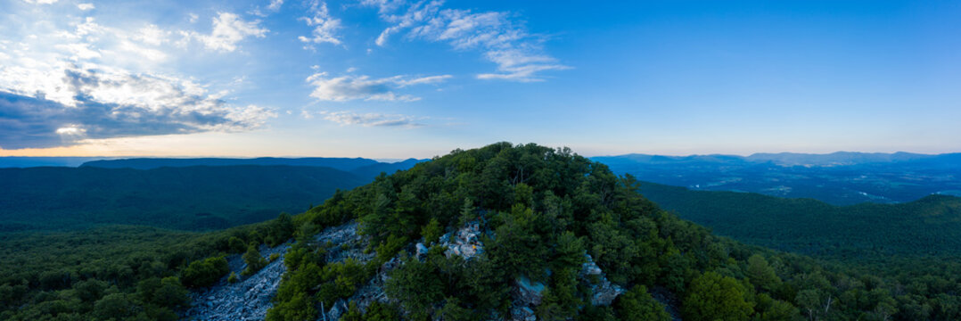 An aerial panorama of Duncan Knob and the Massanutten Range, located in the George Washington National Forest, in Page County Virginia.