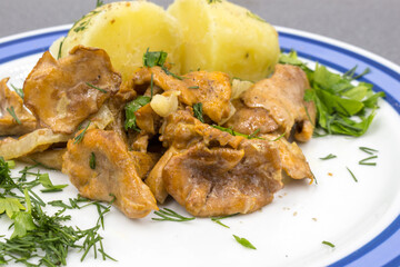 Stewed chanterelles in white sauce with boiled potatoes.