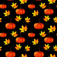 Naklejka na ściany i meble Seamless pattern on a black background of orange pumpkin and autumn leaves