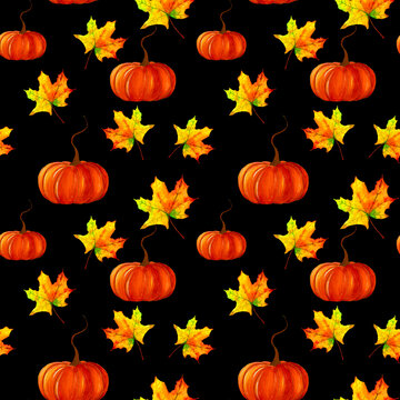 Seamless pattern on a black background of orange pumpkin and autumn leaves