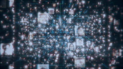 Social network people connection greed. Big data concept, flood of unrecognizable people connect on the internet, 3d rendering nodes transforming