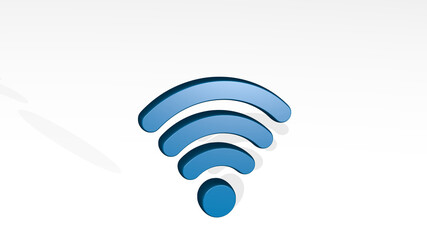 WIFI made by 3D illustration of a shiny metallic sculpture with the shadow on light background. icon and internet