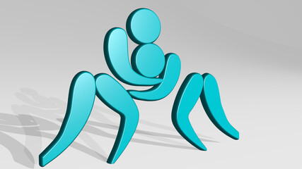 wrestling from a perspective with the shadow. A thick sculpture made of metallic materials of 3D rendering. illustration and competition