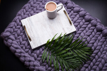 breakfast in bed coffee and croissant on a tray