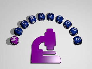 3D representation of microscope with icon on the wall and text arranged by metallic cubic letters on a mirror floor for concept meaning and slideshow presentation. biology and illustration