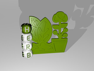 3D representation of herb with icon on the wall and text arranged by metallic cubic letters on a mirror floor for concept meaning and slideshow presentation. background and green