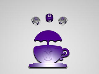 3D illustration of cup graphics and text around the icon made by metallic dice letters for the related meanings of the concept and presentations. coffee and background