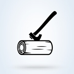 Stump with axe isolated on white background. Wooden axe element for woodworking or lumberjack emblem or icon. Simple modern icon design illustration.