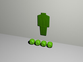 3D representation of SUIT with icon on the wall and text arranged by metallic cubic letters on a mirror floor for concept meaning and slideshow presentation. business and businessman