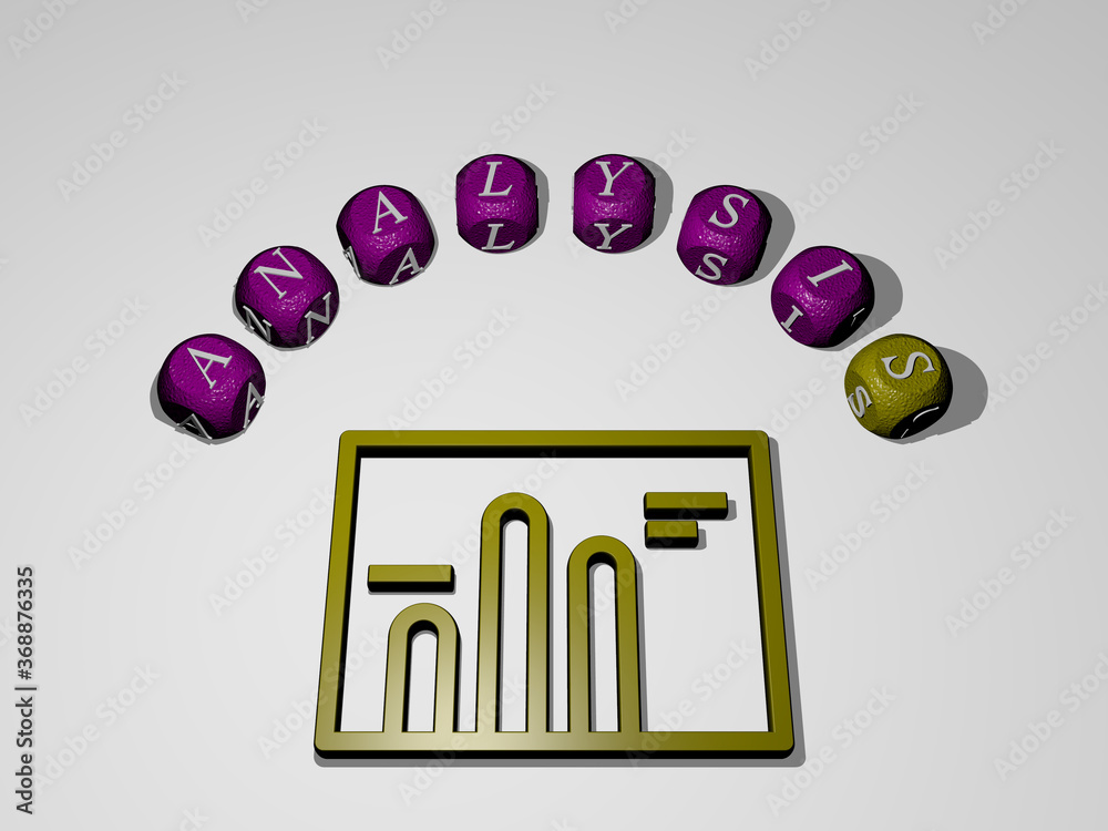 Fototapete 3d illustration of analysis graphics and text around the icon made by metallic dice letters for the 
