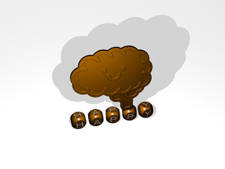 3D representation of HAPPY with icon on the wall and text arranged by metallic cubic letters on a mirror floor for concept meaning and slideshow presentation. background and illustration