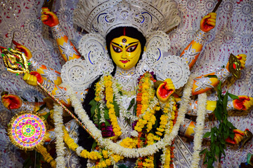 Goddess Durga with traditional look in close up view at a South Kolkata Durga Puja, Durga Puja...
