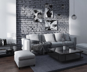 3d illustration, living room, minimalism, loft