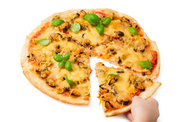 Delicious pizza with seafood and basil isolated on white background
