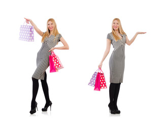 Woman after shopping isolated on white