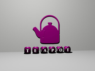 3D representation of TEAPOT with icon on the wall and text arranged by metallic cubic letters on a mirror floor for concept meaning and slideshow presentation. background and illustration
