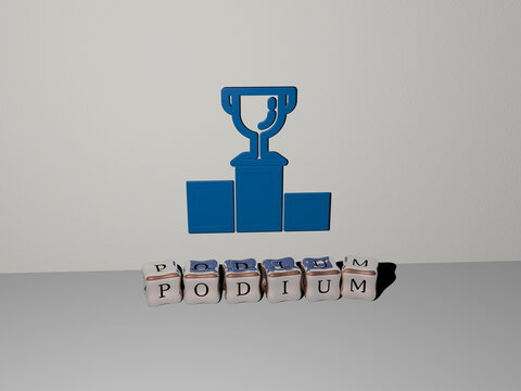 3D representation of PODIUM with icon on the wall and text arranged by metallic cubic letters on a mirror floor for concept meaning and slideshow presentation. illustration and background