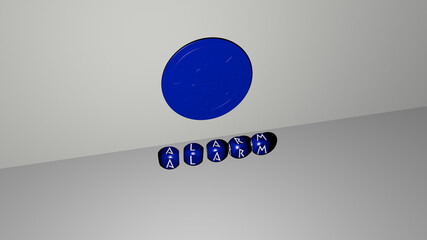 3D representation of ALARM with icon on the wall and text arranged by metallic cubic letters on a mirror floor for concept meaning and slideshow presentation. clock and illustration