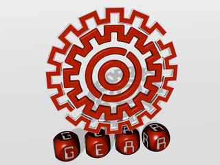 3D illustration of gear graphics and text made by metallic dice letters for the related meanings of...