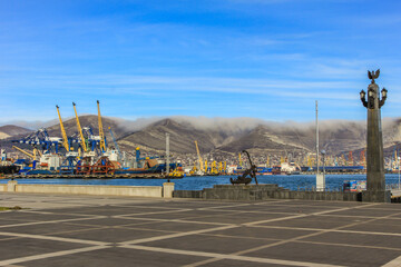 Fototapeta premium 09.12.2012, Novorossiysk, Russia. Cityscape of historical Russian town at sunny day.