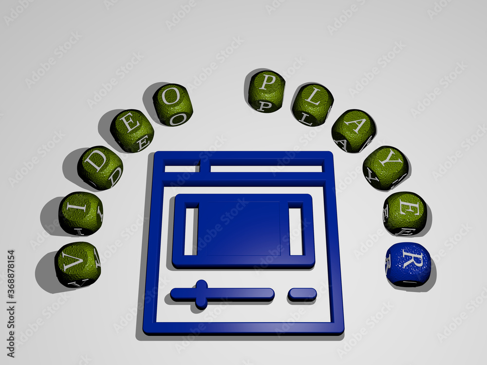 Fototapete 3d illustration of video player graphics and text around the icon made by metallic dice letters for 