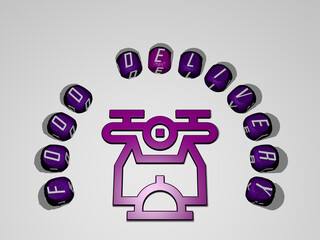 3D representation of FOOD DELIVERY with icon on the wall and text arranged by metallic cubic letters on a mirror floor for concept meaning and slideshow presentation. background and illustration