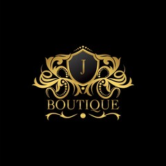 Golden Luxury Boutique J Letter Logo template in vector design for Decoration, Restaurant, Royalty, Boutique, Cafe, Hotel, Heraldic, Jewelry, Fashion and other illustration