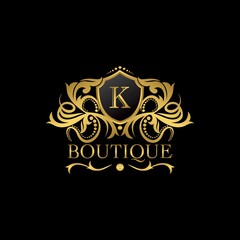 Golden Luxury Boutique K Letter Logo template in vector design for Decoration, Restaurant, Royalty, Boutique, Cafe, Hotel, Heraldic, Jewelry, Fashion and other illustration