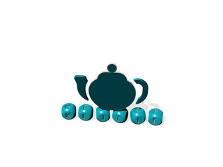 3D representation of KETTLE with icon on the wall and text arranged by metallic cubic letters on a mirror floor for concept meaning and slideshow presentation. illustration and background