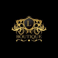 Golden Luxury Boutique L Letter Logo template in vector design for Decoration, Restaurant, Royalty, Boutique, Cafe, Hotel, Heraldic, Jewelry, Fashion and other illustration
