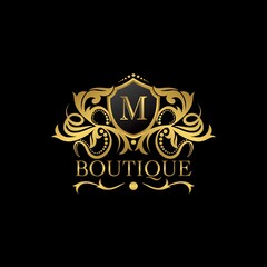 Golden Luxury Boutique M Letter Logo template in vector design for Decoration, Restaurant, Royalty, Boutique, Cafe, Hotel, Heraldic, Jewelry, Fashion and other illustration