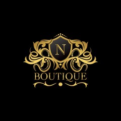Golden Luxury Boutique N Letter Logo template in vector design for Decoration, Restaurant, Royalty, Boutique, Cafe, Hotel, Heraldic, Jewelry, Fashion and other illustration