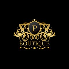 Golden Luxury Boutique P Letter Logo template in vector design for Decoration, Restaurant, Royalty, Boutique, Cafe, Hotel, Heraldic, Jewelry, Fashion and other illustration