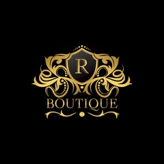 Golden Luxury Boutique R Letter Logo template in vector design for Decoration, Restaurant, Royalty, Boutique, Cafe, Hotel, Heraldic, Jewelry, Fashion and other illustration