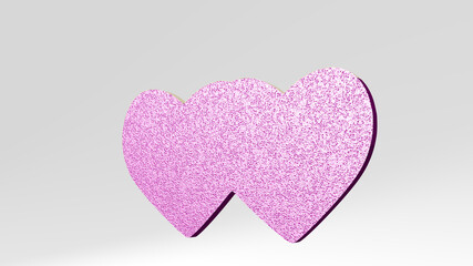 two hearts attached made by 3D illustration of a shiny metallic sculpture on a wall with light background. card and love