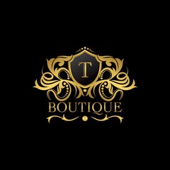 Golden Luxury Boutique T Letter Logo template in vector design for Decoration, Restaurant, Royalty, Boutique, Cafe, Hotel, Heraldic, Jewelry, Fashion and other illustration