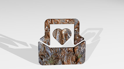 email action heart casting shadow with two lights. 3D illustration of metallic sculpture over a white background with mild texture. business and icon
