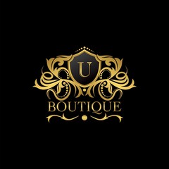 Golden Luxury Boutique U Letter Logo template in vector design for Decoration, Restaurant, Royalty, Boutique, Cafe, Hotel, Heraldic, Jewelry, Fashion and other illustration