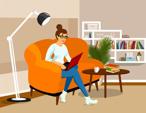 Work from home. COVID-19 virus. People work at home to prevent virus infection. Woman working on the couch. Sofa. Girl works on a laptop . Freelance, remote work, job