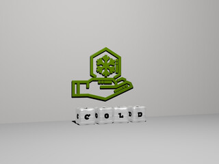 3D illustration of COLD graphics and text made by metallic dice letters for the related meanings of the concept and presentations. background and winter