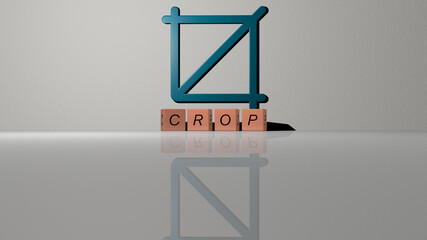 3D representation of crop with icon on the wall and text arranged by metallic cubic letters on a...