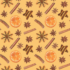 Orange and spicy seamless pattern with orange slices, cinnamon sticks, anise stars and gingerbread. Watercolor illustration on a warm background. Great for Autumn season and Winter Holidays. 