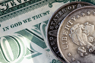 Old US coins with inscription: Liberty awith one Dollar bill as symbol: America - the land of opportunities and freedom. Horizontal image.