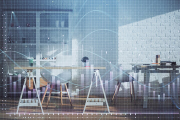 Naklejka premium Double exposure of financial graph drawing and office interior background. Concept of stock market.