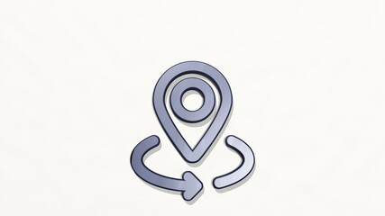 SYNC LOCATION from a perspective on the wall. A thick sculpture made of metallic materials of 3D rendering. illustration and icon