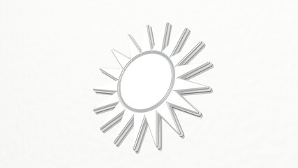 SUN made by 3D illustration of a shiny metallic sculpture on a wall with light background. beautiful and blue