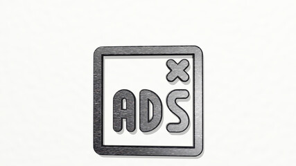 ads window from a perspective on the wall. A thick sculpture made of metallic materials of 3D rendering. illustration and background