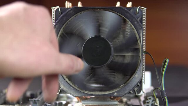 Demonstration of dust pollution. Dirty cooler and CPU heatsink from dust. 4k.